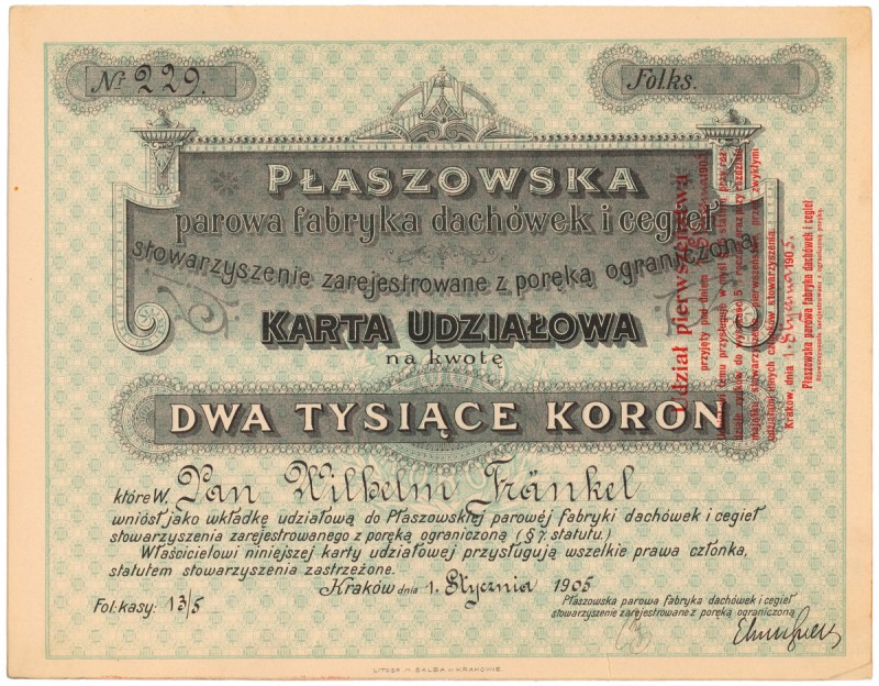 Płaszowska parowa fabryka dachówek i cegieł, Karta Udziałowa 2.000 kr 1905 Refer...