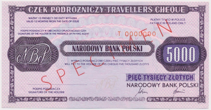 Czek podróżniczy NBP na 5.000 zł - SPECIMEN 
Grade: UNC/AU 

POLAND BONDS SHA...