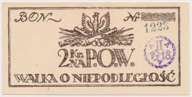 P.O.W. Walka o Niepodległość - Bon na 2 korony 1918 Bon z Kolekcji Lucow, w komplecie z certyfikatem potwierdzającym to pochodzenie. Złamanie i zgięci...