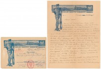 NKN - pokwitowanie wpłaty i pismo na papierze firmowym 1915 Format papieru listowego po złożeniu zbliżony do A4. Pokwitowanie formatu 20 x 13.7 cm. St...