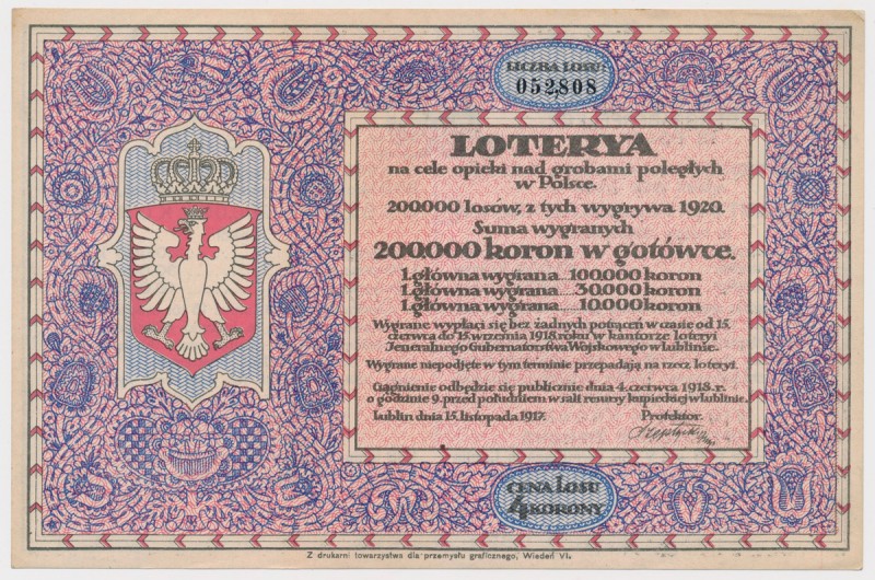 Loterya na cele opieki nad grobami poległych w Polsce, Lublin, 4 kr 1917 Duży lo...