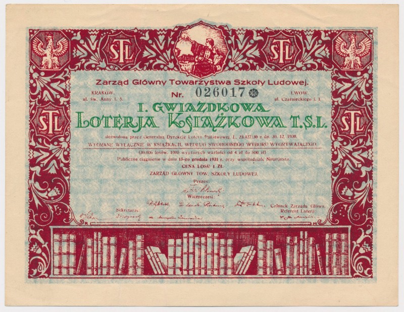 I Gwiazdkowa Loterja Książkowa T.S.L., 1 zł 1930 Los o wymiarach 145 x 112 mm, o...