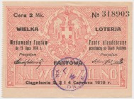 Loterja Fantowa na Inwalidów, 2 mk 1919 Los o wymiarach 110 x 80 mm, opracowany w formie eksponatu filatelistycznego, na karcie A4.

Grade: XF/XF+ ...