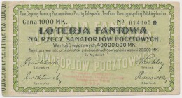 Loterja Fantowa na rzecz Sanatorjów Pocztowych, 1.000 mk Wyraźniejsze naddarcie z prawej strony; złożony w pół poziomo, zagniecenia i niedoskonałości ...
