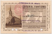 Loteria Fantowa na wymalowanie kościoła parafialnego i filialnego w Dębowcu, 2 zł Los loteryjny na sztywnej karcie kartonowej (w formie pocztówki).
 ...
