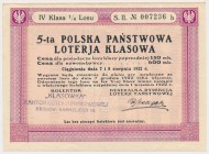 5-ta Polska Państwowa Loterja Klasowa, 1/4 losu Kl.4 Los o wymiarach 135 x 98 mm, opracowany w formie eksponatu filatelistycznego, na karcie A4.

Gr...