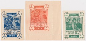 Wychodźctwo Ojczyźnie - 3 Maj 1918 - Cegiełki 2, 5 i 10 dolarów (3) Zestaw trzech sztuk rzadkich cegiełek patriotycznych, wydania emigracyjnego 1918 r...