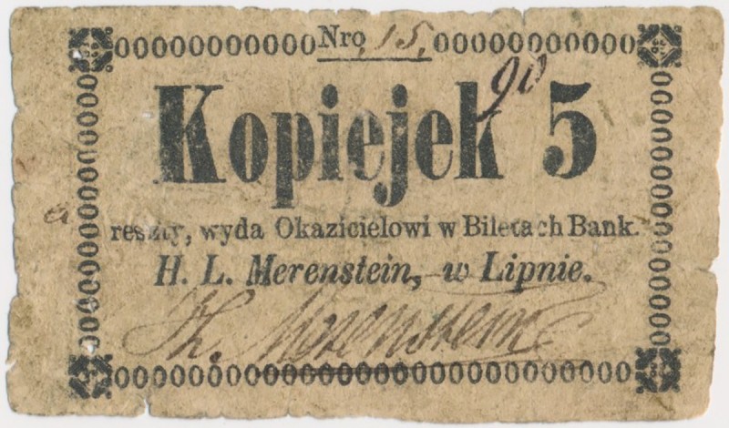 Lipno, H. L. Merenstein, 5 kopiejek (XIX w.) Nazwa emitenta drukiem.&nbsp; Egzem...