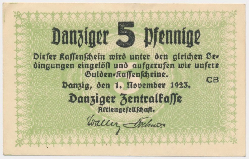 Gdańsk, 5 pfg 1923 - listopad Bardzo rzadki bon z drugiej, listopadowej emisji. ...