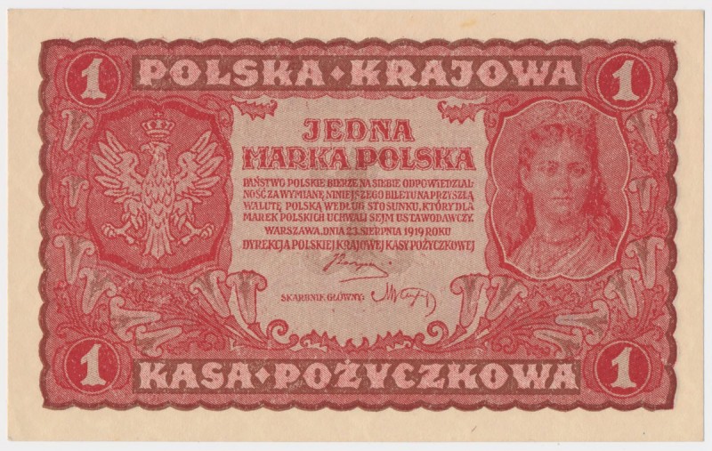 1 mkp 08.1919 - I Serja AA Reference: Miłczak 23b
Grade: UNC/AU 

POLAND POLE...