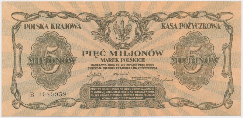 5 mln mkp 1923 Delikatne, częściowo i zanikające nadgięcie w okolicy środka i tr...