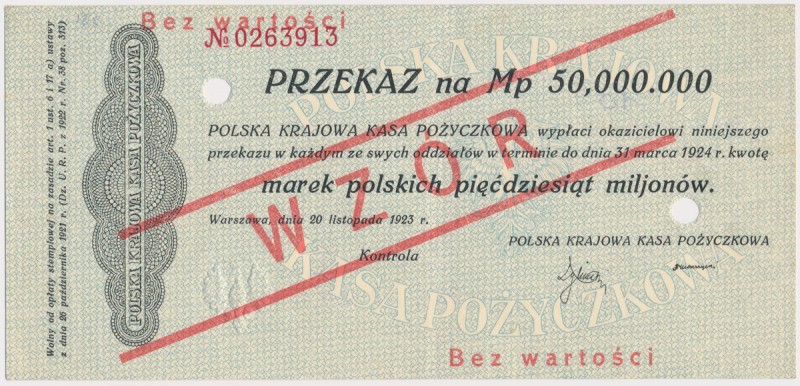 Przekaz na 50 mln mkp 1923 - WZÓR Ślad lekkiego złożenia w pół, poza tym bez uwa...