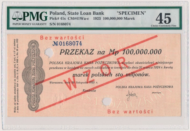 Przekaz na 100 mln mkp 1923 - WZÓR Wzór z numeracją bieżącą, perforowany.&nbsp; ...