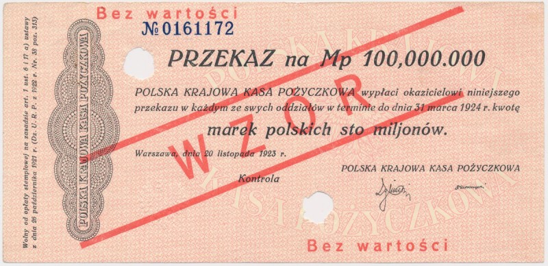 Przekaz na 100 mln mkp 1923 - WZÓR Częściowe złamanie pionowe na lewo od górnej ...