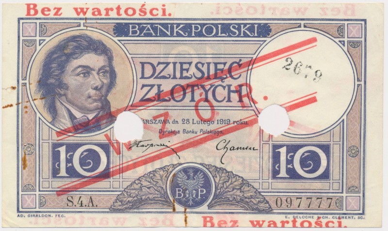 10 złotych 1919 - WZÓR - S.4 A 2 lekkie ugięcia pionowe. Rdzawe odciski po spina...