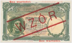 5.000 złotych 1919 - WZÓR - wysoki nadruk Mała nagniotka na lewym marginesie (możliwe, że odcisk spinacza). Poza tym bez żadnych uwag. Piękny, świeżej...