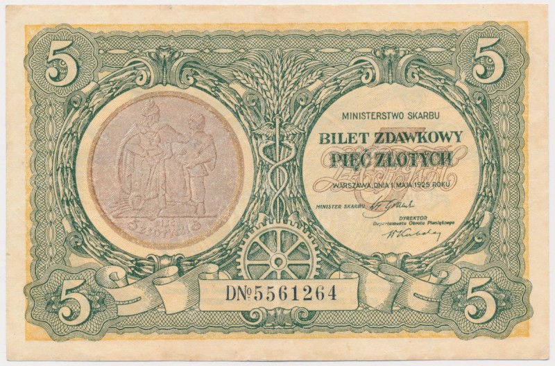 5 złotych 1925 - D - Konstytucja Po konserwacji. Dwa lekkie złamania pionowe cen...