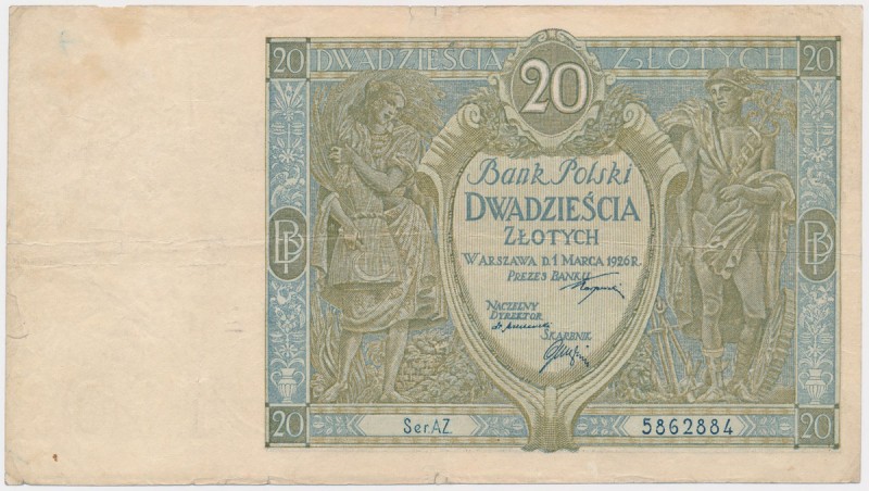20 złotych 1926 - AZ Jeden z najrzadszych polskich banknotów XX wieku będący bar...