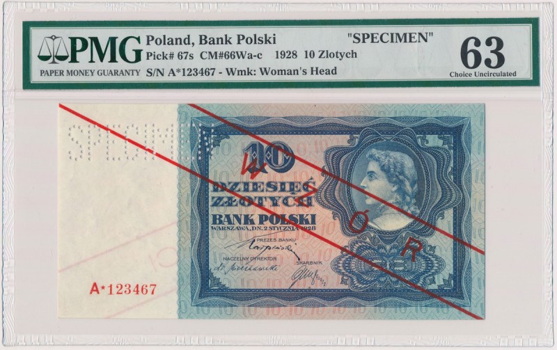 10 złotych 1928 - WZÓR - A - perforacja SPECIMEN Piękny emisyjny stan zachowania...