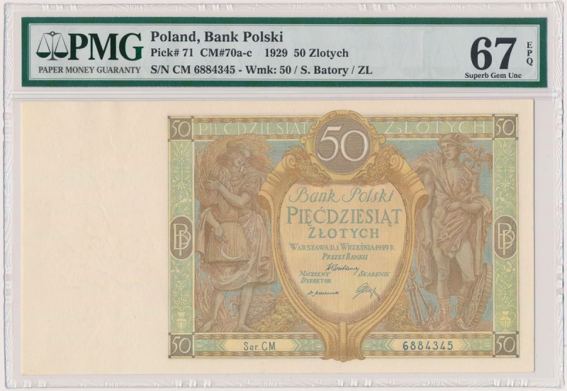 50 złotych 1929 - Ser.CM Egzemplarz doceniony wysoką notą PMG. Mimo, że emisja t...