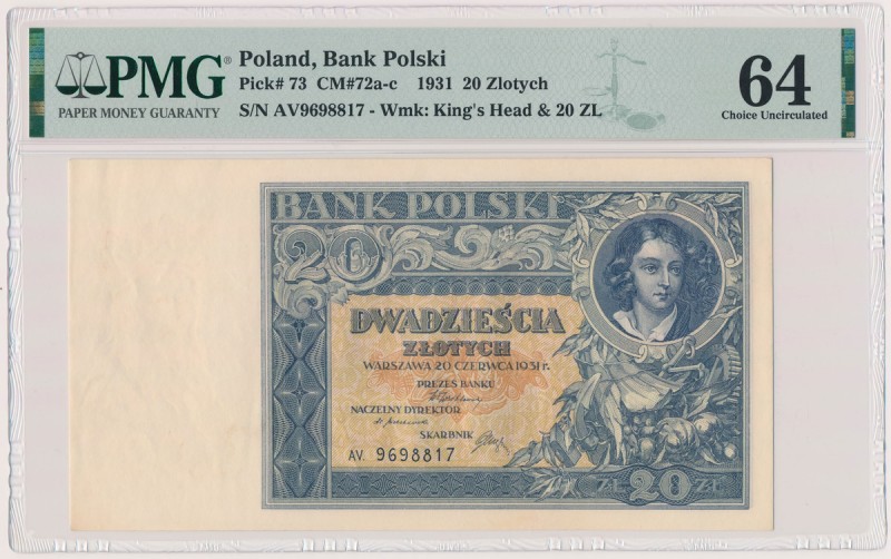 20 złotych 1931 - AV Rzadka, pierwsza odmiana serii w nieobiegowym stanie zachow...