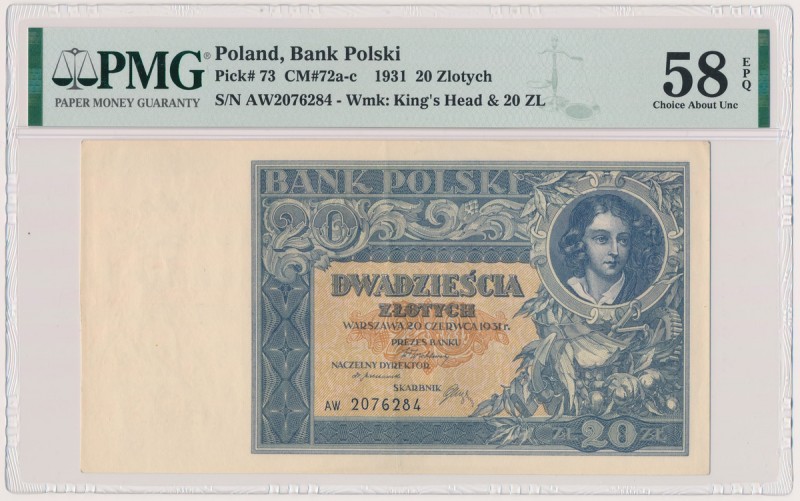20 złotych 1931 - AW Rzadka, pierwsza odmiana w stanie nieobiegowym, jedynie ze ...