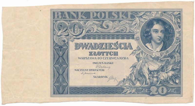 20 złotych 1931 - bez serii i numeru, ręcznie wycięty z arkusza Dość rzadka maku...
