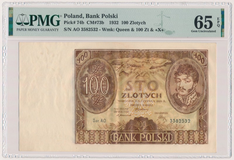 100 złotych 1932 +X+ w znaku wodnym - Ser.AO Wyśmienity stan zachowania dla rzad...