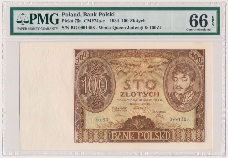 100 złotych 1934 - Ser.BG Reference: Miłczak 74a
Grade: PMG 66 EPQ 

POLAND P...