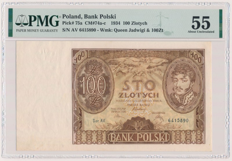 100 złotych 1934 - dwie kreski w znaku wodnym - Ser.AV Wyjątkowo efektowne, dług...