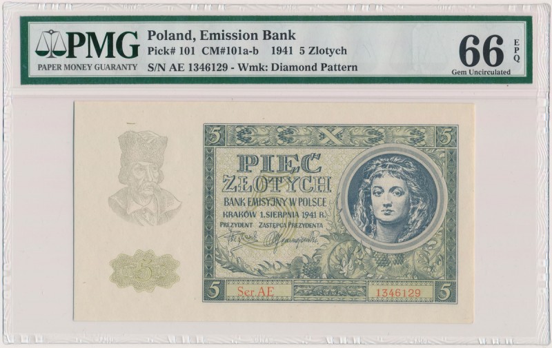 5 złotych 1941 - Ser.AE Reference: Miłczak 101b
Grade: PMG 66 EPQ 

POLAND PO...