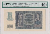 20 złotych 1940 - WZÓR - A 0000000 Kolejny z kolekcji rzadkich wzorów okupacyjnych oferowany na tej aukcji.&nbsp; Egzemplarz równie w ponad przeciętny...