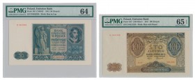 50 i 100 złotych 1941 - D (2szt) Zestaw dwóch sztuk w stanach emisyjnych i w starym gradingu PMG.&nbsp; Reference: Miłczak 102, 103b
Grade: PMG 64, 6...
