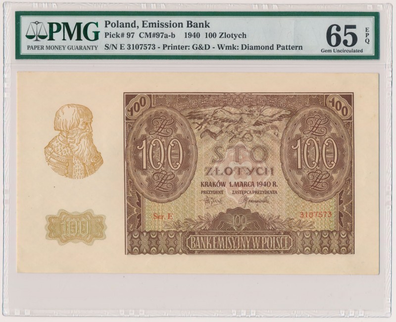 100 złotych 1940 - Ser.E Reference: Miłczak 97a
Grade: PMG 65 EPQ 

POLAND PO...