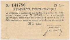 Asygnacja Kontrybucyjna 1 złoty 1942 Ukośne złamanie w lewej części i złamany lewy dolny narożnik.&nbsp; Asygnacja włożona w kartę formatu A4 - opraco...