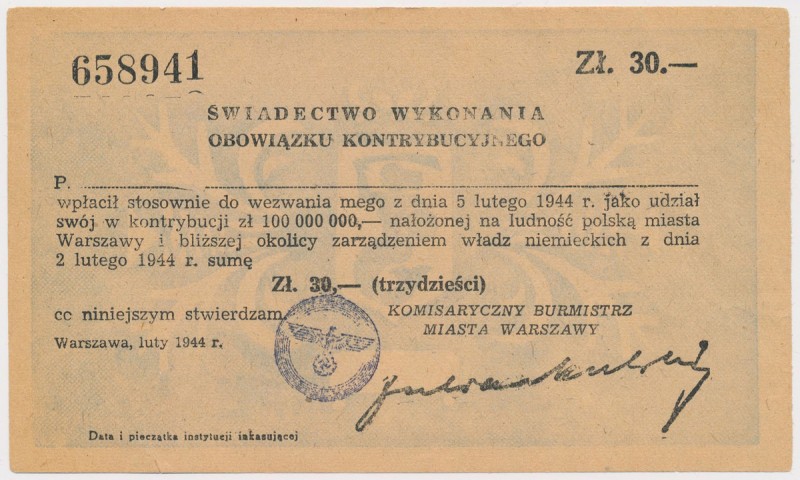 Świadectwo Kontrybucji 30 złotych 1944 - niemiecka pieczątka Świadectwo Kontrybu...