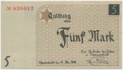 Getto 5 marek 1940 - papier standardowy Rdzawa plamka przed oznaczeniem nominału w lewym dolnym narożniku. Poza tym stan zachowania bez uwag.&nbsp; Re...
