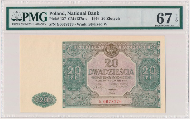 20 złotych 1946 - G - duża litera Znakomity stan zachowania doceniony wyśmienitą...