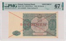20 złotych 1946 - SPECIMEN - A Kolejny egzemplarz wzoru doceniony niespotykanie wysoką oceną PMG, jak na ten typ pozycji. Reference: Miłczak 127Wa
Gr...
