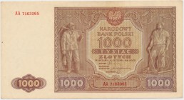 1.000 złotych 1946 - AA Zgięty pionowo i nagniotka w polu, poza tym tylko niedoskonałości narożników i plamka na lewym marginesie.&nbsp; 
Reference: ...