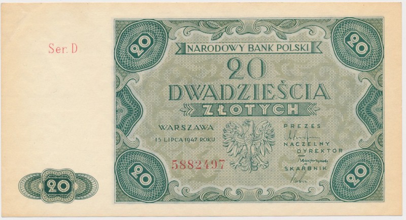 20 złotych 1947 Bez ugięć w polu. Pojedyncza nagniotka na górnym marginesie i le...