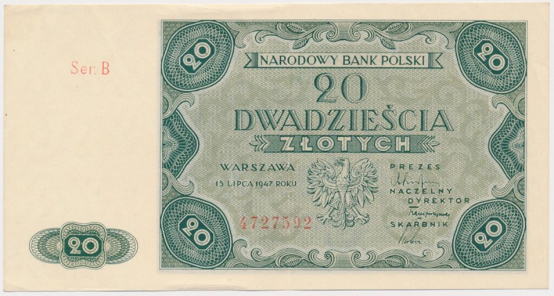 20 złotych 1947 Pojedyncze złamanie pionowe, lekkie złamania końcówek lewych nar...