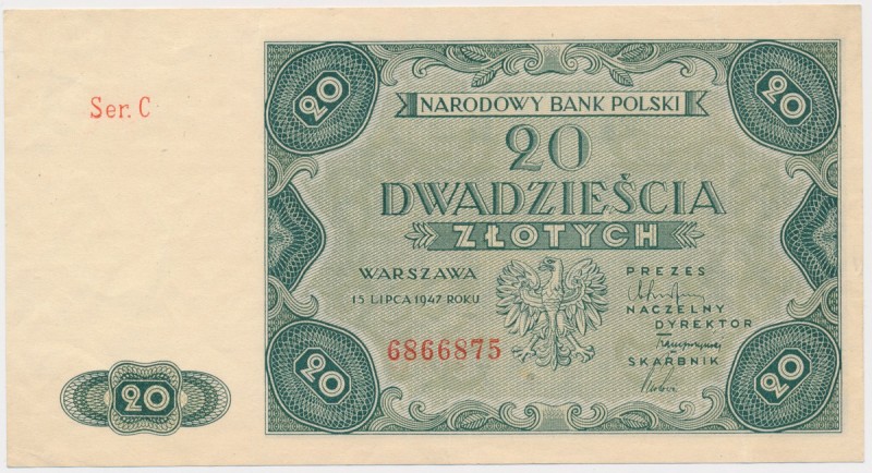 20 złotych 1947 Złamanie pionowe 2.5 cm od prawego marginesu. Lżejsze złamanie p...