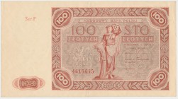 100 złotych 1947 - mała litera Złamanie pionowe centralnie. Lekkie, częściowe nadgięcie poziome i zmarszczka produkcyjna prawego górnego narożnika.&nb...
