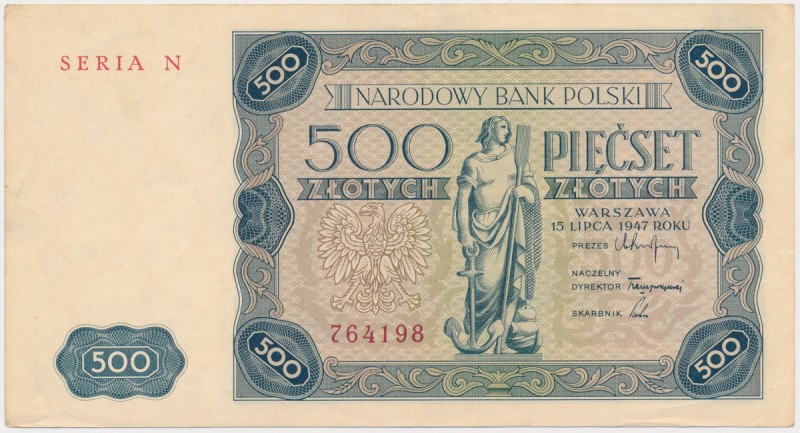 500 złotych 1947 - N Lekkie złamanie pionowe centralnie z nadgięciem tuż obok ni...