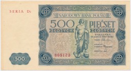 500 złotych 1947 - D2 Złamanie pionowe centralnie i dwa zgięcie poboczne - banknot złożony w pół i jeszcze raz w pół. Nieobiegowa sztuka o wyśmienitej...