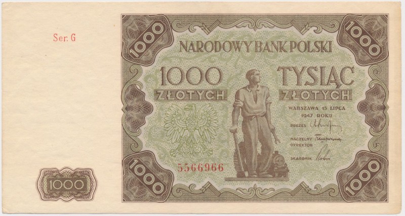 1.000 złotych 1947 - mała litera Zgięcie pionowe i zaokrąglone, podniszczone nar...