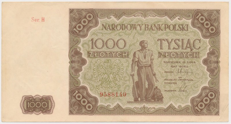 1.000 złotych 1947 - mała litera Niemocne złamanie pionowe centralnie i złamany ...