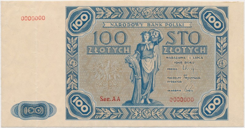 DRUK PRÓBNY 100 złotych 1948 jak 1947 100 złotych z datą 1 lipca 1948 roku, któr...