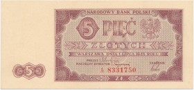 5 złotych 1948 - A Złamanie pionowe centralnie, lżejsze z lewej strony, a z prawej zgięcie.&nbsp; banknot po lekkiej, bardzo umiejętnie przeprowadzone...